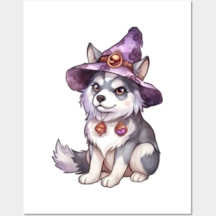 Watercolor Siberian Husky Dog in Witch Hat Posters and Art